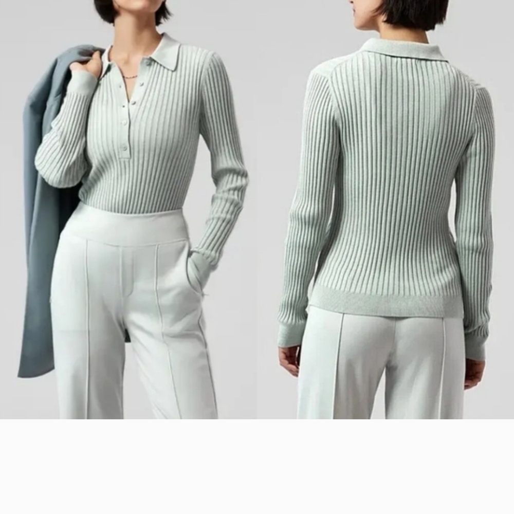 ATHLETA Sweet Bay Henley Button Ribbed Collared Sweater in Sage Sz M NWOT